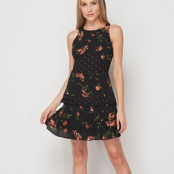 Teeze Me Sleeveless Floral and Dots Ruffle Dress - Picture 1 of 16